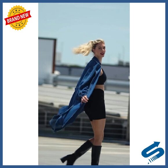 Vintage Notched Collar Double Breasted Denim Jacket Trench Coat with Belt - Picture 7 of 8